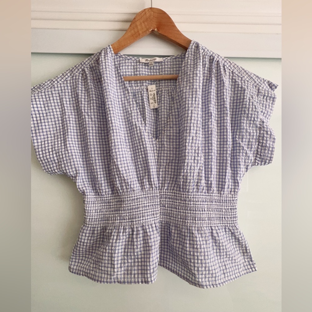 NWT Madewell V-Neck Smocked-Waist Top in Gingham Seersucker (size Med)